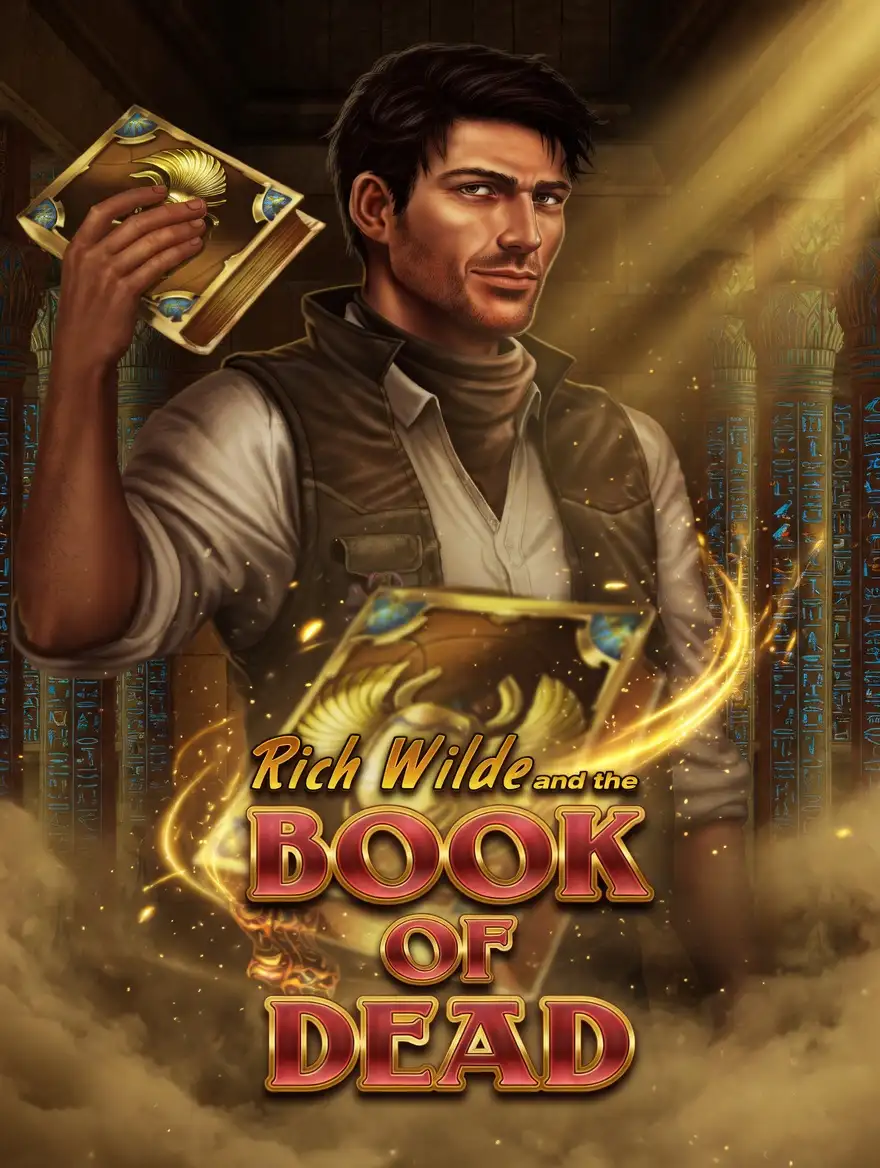 Explorer holding golden Book of Dead in a tomb