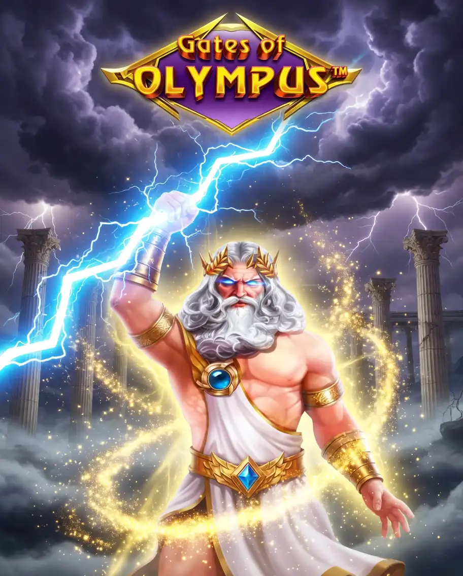 Zeus holding a lightning bolt amid Greek ruins