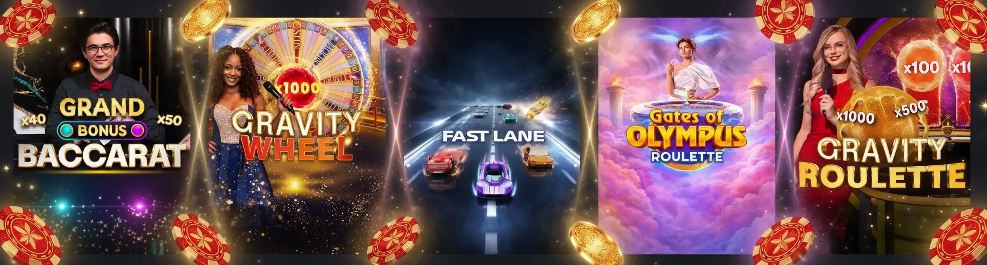 Live casino game tiles with chips and coins