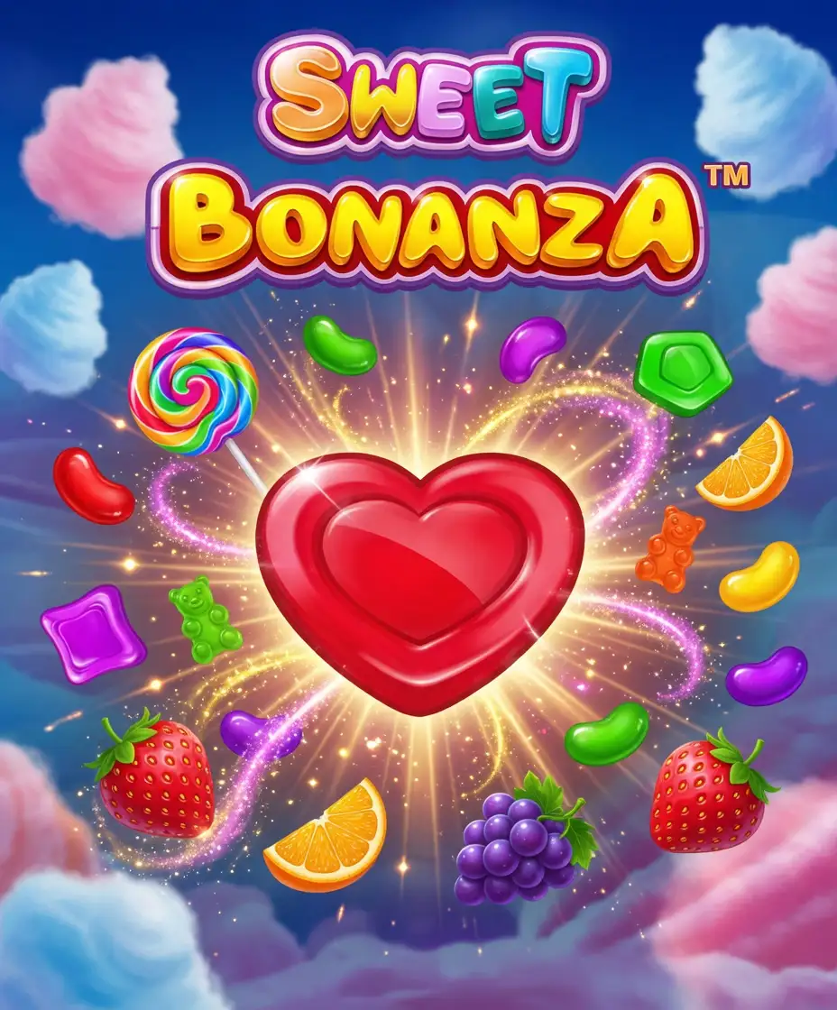 Glowing red heart surrounded by candy and fruit